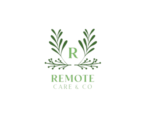 Logotipo Remote Care & Co com monograma R e coroa botânica verde em Braga
