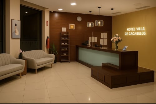Elegante recepción del Hotel Villa de Cacabelos con mostrador, asientos color beige e iluminación cálida