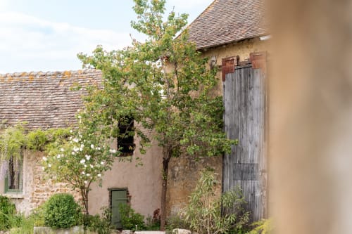Villa en pierre rustique à Maisons Noisette avec lierre grimpant, porte en bois et toiture en tuiles à Saint-Pierre-des-Ormes