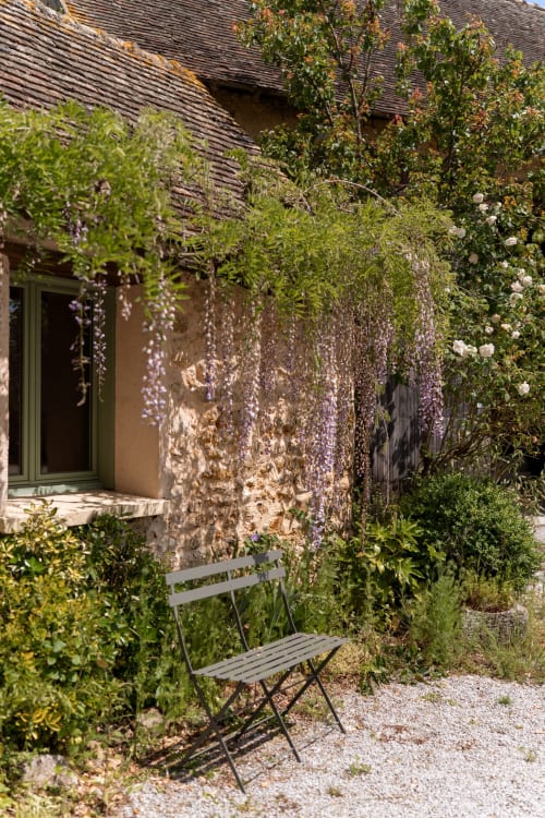 Cour charmante de la maison d'hôtes Noisette avec murs couverts de glycine, chaise métallique et verdure luxuriante