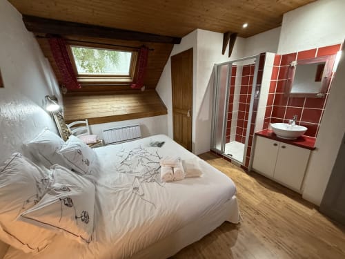Chambre Lamartine at La Jument Verte B&B in Trévignin with bed, ensuite bathroom, skylight and wood beamed ceiling