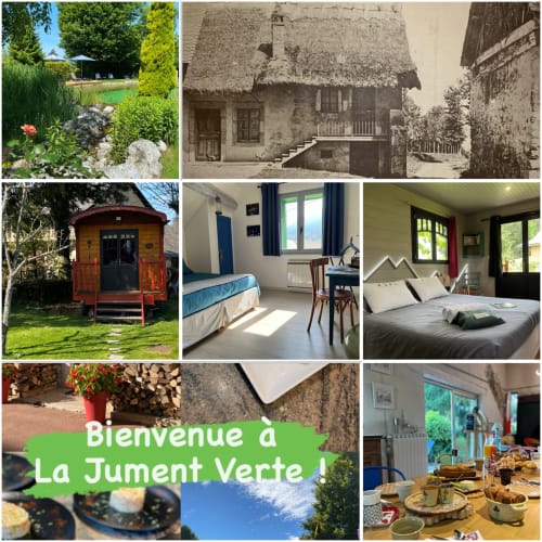 La Jument Verte guesthouse in Trévignin: garden views, vintage cottage, cozy bedroom, and dining area with breakfast spread