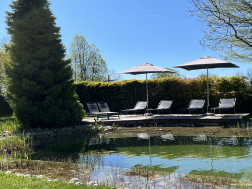 Espace lounge bord de lac à LA JUMENT VERTE avec transats, parasols et haie à Trévignin