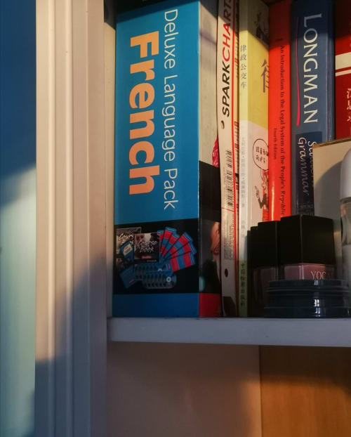Bookshelf at Aldea Rural Pazos De Arenteiro displaying language learning books and guidebooks