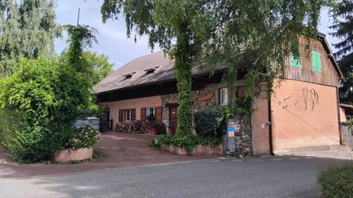 Gîte LA JUMENT VERTE à Trévignin : façade en pierre et terre cuite couverte de lierre, toit de chaume, entouré de verdure