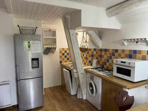 Cuisine du cottage La Jument Verte avec cuisinière, four, lave-linge et carrelage coloré à Trévignin