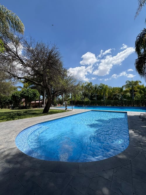 Piscina azul rodeada de palmeras y jardines del Hotel El Porvenir, Querétaro, México