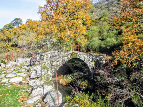 Ponte de pedra histórica sobre riacho em floresta de outono perto de Braga, Portugal com bicicleta e corrimãos rústicos