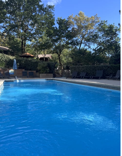 Piscine cristalline du gîte Village Nature et Océan à Messanges, France avec transats et arbres luxuriants
