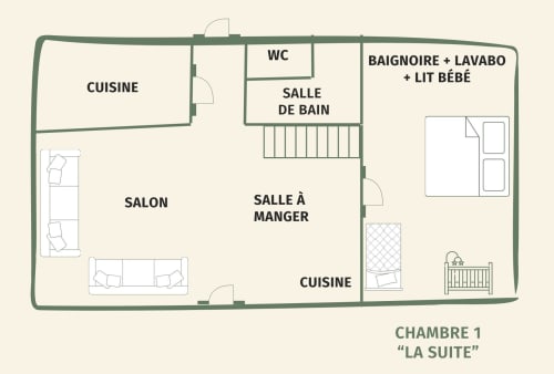 Plan de la chambre La Suite aux Maisons Noisette, gîte à Saint-Pierre-des-Ormes, France