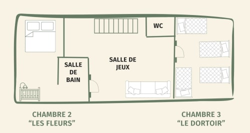 Plan des chambres d'hôtes Maisons Noisette à Saint-Pierre-des-Ormes : deux chambres, salle de bain et espaces communs.