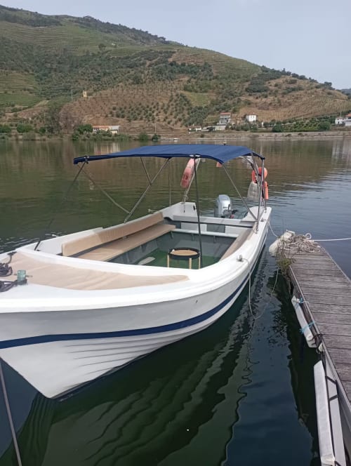 Barco de pesca branco com toldo azul atracado no Rio Douro em Tomás Barqueiro, Folgosa Portugal