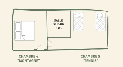 Plan d'étage des Chambres 4 & 5 à Maisons Noisette BnB montrant les agencements chambre avec salle de bain et WC