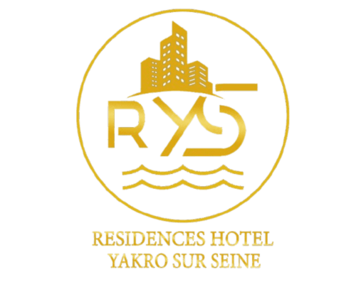 Logo de l'Hôtel Yakro Sur Seine avec bâtiments dorés et ondulations aquatiques, Yamoussoukro