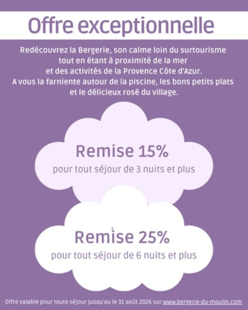 La Bergerie Du Moulin : 15% de réduction pour 3+ nuits, 25% pour 6+ nuits à Taradeau