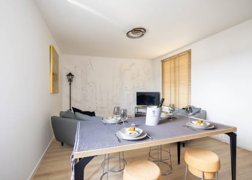 Séjour moderne à Épernay avec fresque panoramique, salon gris, télévision et coin repas aménagé.