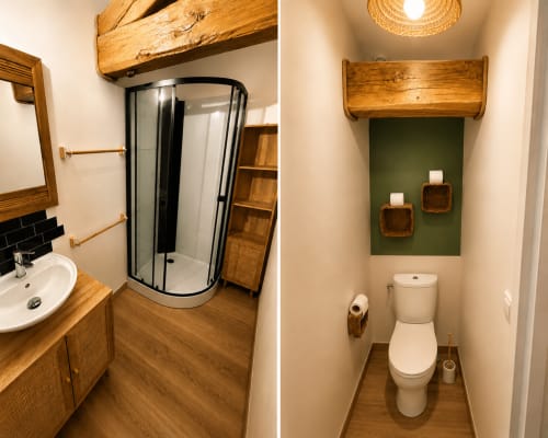 Rustic bathroom with wooden beams, shower enclosure, and separate toilet room with green accent wall at Domaine de Beau Site,
