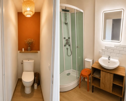 Modern bathroom with orange accents at Domaine de Beau Site in Peyrat-de-Bellac, featuring rainfall shower and lit mirror