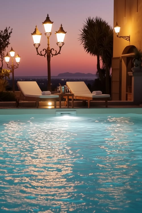 Vista della piscina al tramonto dell'Hotel Villa Giardinata Candalú a Valderice con lettini illuminati e sfondo montano
