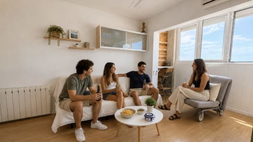 Amigos disfrutando bebidas en apartamento de Costa Brava con vistas panorámicas de la ciudad, mobiliario moderno y ventanas luminosas