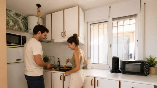 Pareja cocinando juntos en la cocina moderna del apartamento Holidays Costa Brava en Empuriabrava con vistas panorámicas de la ciudad
