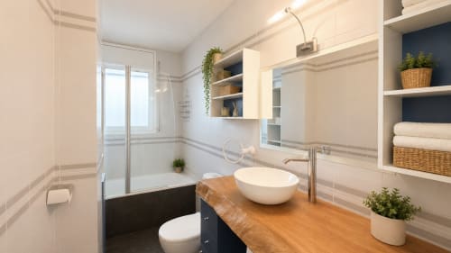 Baño moderno en Holidays Costa Brava con mueble de madera, lavamanos redondo y vistas a la ciudad de Empuriabrava