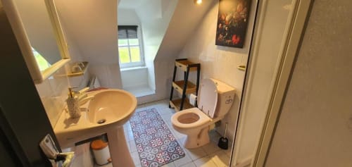 Salle de bains lumineuse du Manoir de Saint-Ouen avec lavabo blanc, toilettes, tapis décoratif et fenêtre sur le jardin.