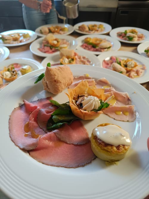 Elegant plated charcuterie and appetizers at Hotel Ristorante alle Querce in Castelbuono, Italy