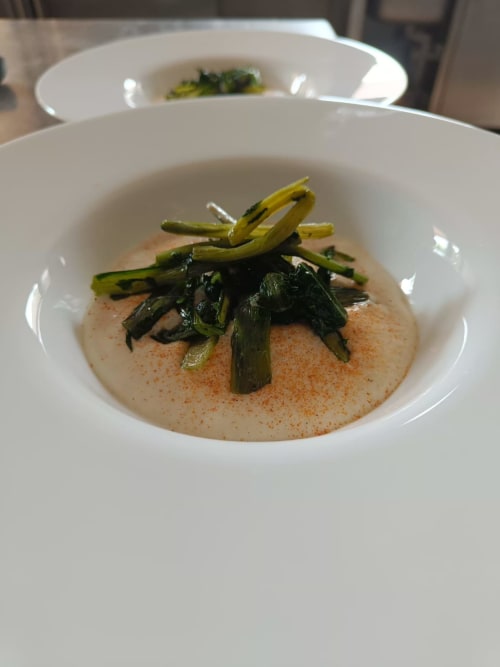 Elegant plated dish at Hotel Ristorante alle Querce in Castelbuono with seared asparagus over creamy sauce, garnished with