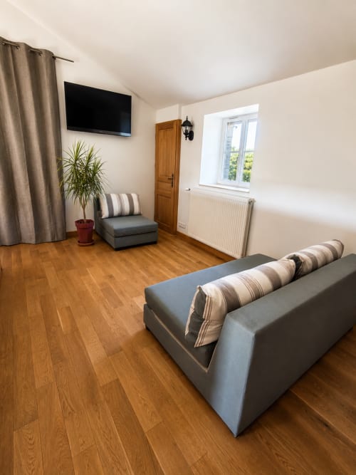 Spacious living room at Domaine de Beau Site cottage with gray sofa, wooden floors, and garden views