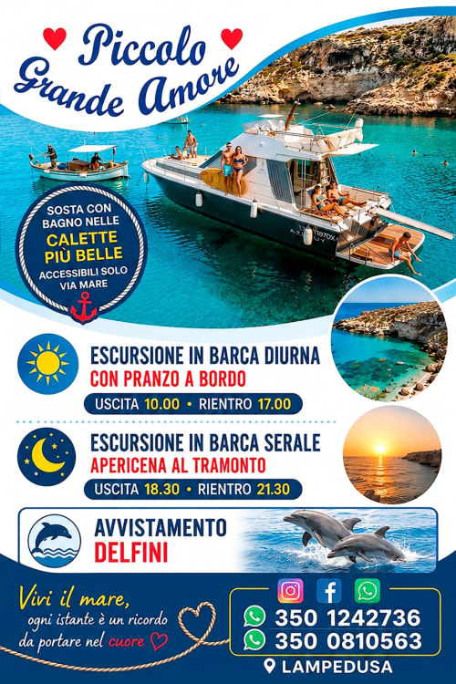 Escursioni in barca Piccolo Grande Amare a Lampedusa con crociere diurne e al tramonto, avvistamento di delfini, pasti inclusi