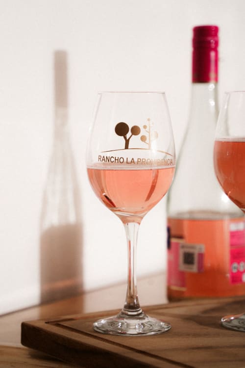 Copa de vino rosé Rancho La Providencia en Hotel El Porvenir, Querétaro, con botellas de vino al fondo