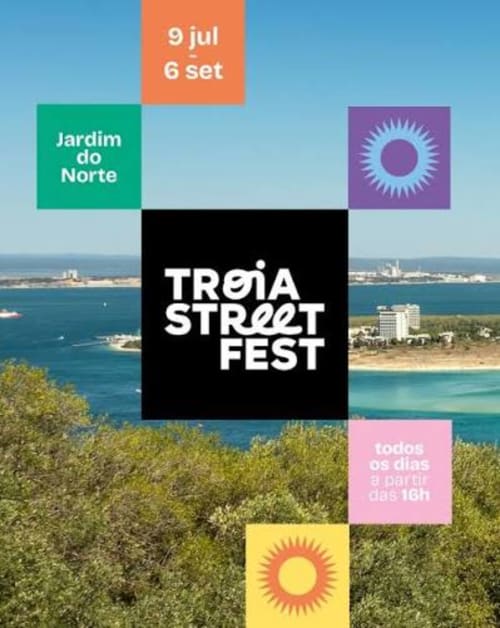 Troia Street Fest event poster with coastal beach landscape, dates 9 jul to 6 set, multiple venue locations