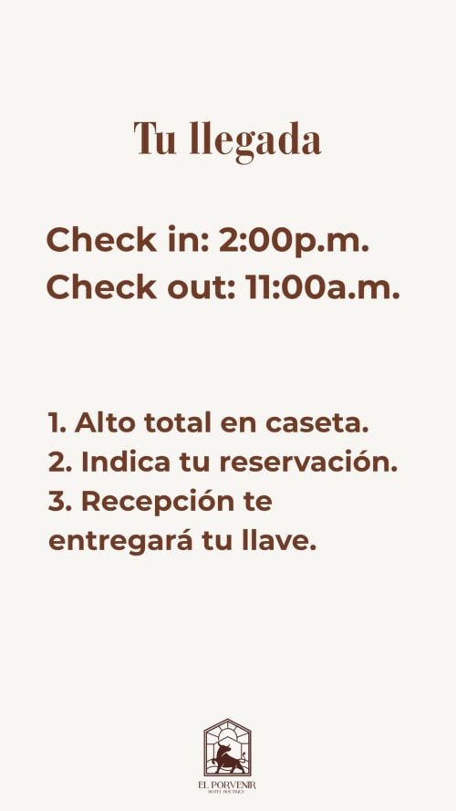 Instrucciones de check-in y hospedaje del Hotel El Porvenir con horarios y detalles de reserva en español