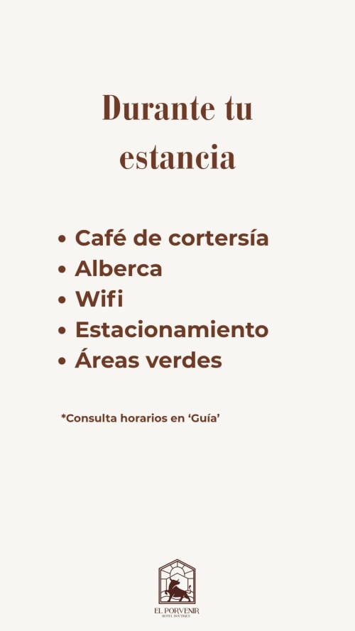 Amenidades Hotel El Porvenir: café, hospedaje, wifi, estacionamiento y áreas verdes en Tunas Blancas, Querétaro