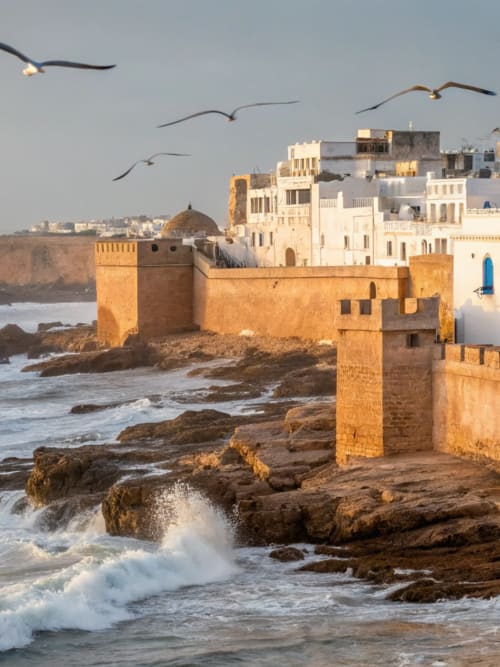 Villa Triskel, forteresse côtière aux murs de pierre dorée, vagues de l'Atlantique et bâtiments blancs au coucher de soleil à Essaouira, Maroc