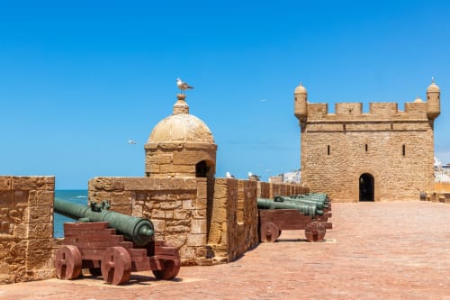 Forteresse côtière historique avec canons et tours en pierre dominant la mer