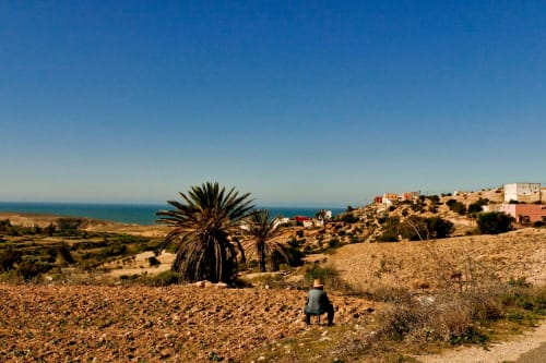 Paysage de village côtier avec palmiers, terrain rocheux et mer Méditerranée, Villa Triskel Gîte