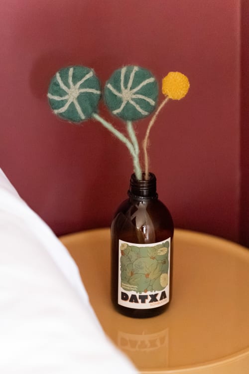 Composition de plantes feutrées avec feuillage vert et fleur jaune dans un flacon DATXA aux Maisons Noisette, Saint-Pierre-des-Ormes