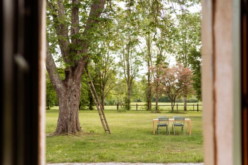 Vue paisible du jardin de la Chambre d'hôtes Maisons Noisette avec grand arbre, table de pique-nique et chaises à Saint-Pierre-des-Ormes, France