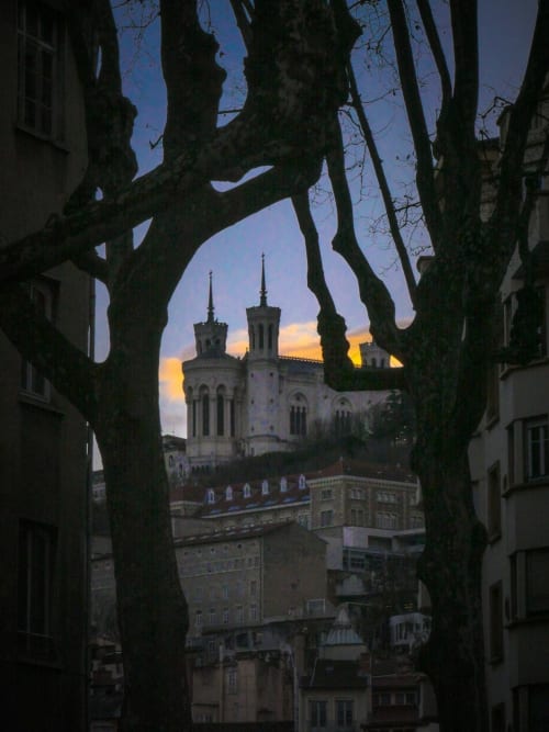 Basílica de Notre-Dame de Fourvière vista a través de ramas de árboles al atardecer desde una calle de Lyon