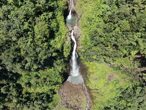 Vue aérienne d'une cascade se déversant dans une forêt tropicale luxuriante aux Villas Amboise Guadeloupe
