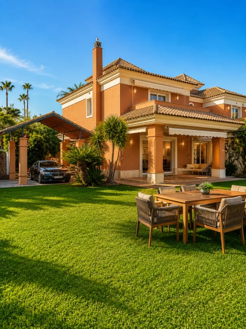 Villa mediterránea de lujo en BH Marbella con terraza para cenar, jardín impecable y cochera cubierta