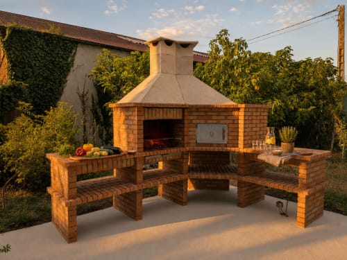 Cuisine extérieure en briques avec foyer et espace repas dans le jardin du Domaine de La Poule Noire