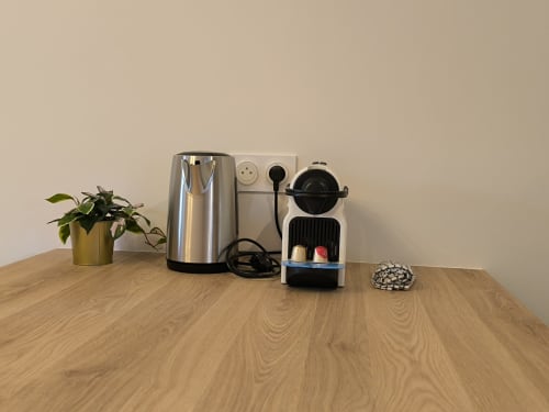 Coin cuisine d'appartement moderne avec machine à espresso, bouilloire électrique, plante en pot et éléments de décoration à la Conciergerie