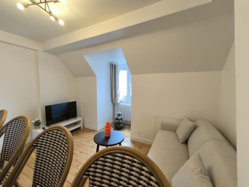 Salon confortable de l'appartement Conciergerie La Parisienne avec canapé, fauteuils, TV et vue sur la ville depuis la fenêtre