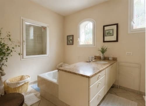 Salle de bain moderne à la Conciergerie Maurin à Arles avec vasque, miroir et tableaux encadrés sur murs beige