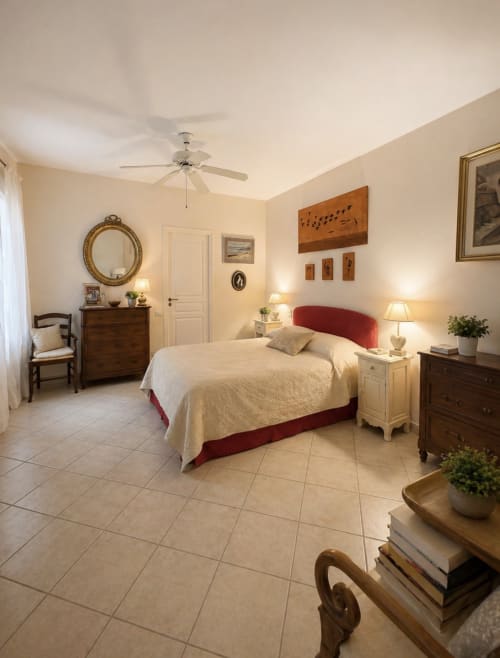Chambre spacieuse à la Conciergerie Maurin à Arles avec tête de lit rouge, literie crème, carrelage beige et mobilier bois classique
