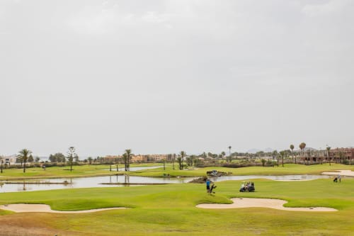 Championship golf course in San Pedro del Pinatar with green fairways, water hazards, and palm trees lining the course