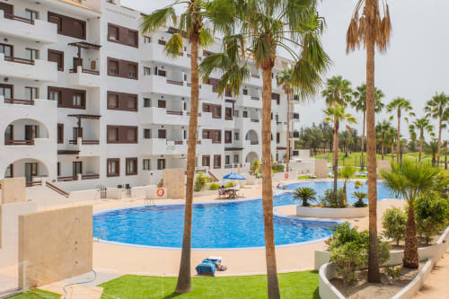 Haus Holiday Homes pool area in San Pedro del Pinatar with palm trees, blue swimming pool, and white apartment buildings with